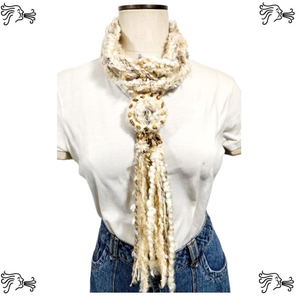 Cream Crocheted Yarn Rope Scarf w/ Stone Wrapped Fringe and Scarf Buckle
